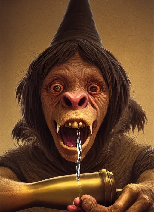 Image similar to highly detailed closeup portrait of a medieval goblin drinking wine, stephen bliss, unreal engine, greg rutkowski, ilya kuvshinov, ross draws, hyung tae and frank frazetta, tom bagshaw, tom whalen, nicoletta ceccoli, mark ryden, earl norem, global illumination, god rays, detailed and intricate environment