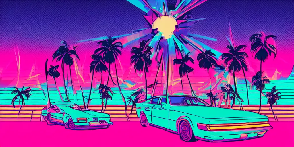 Image similar to discotheque in miami, retro - wave art, synthwave, outrun style