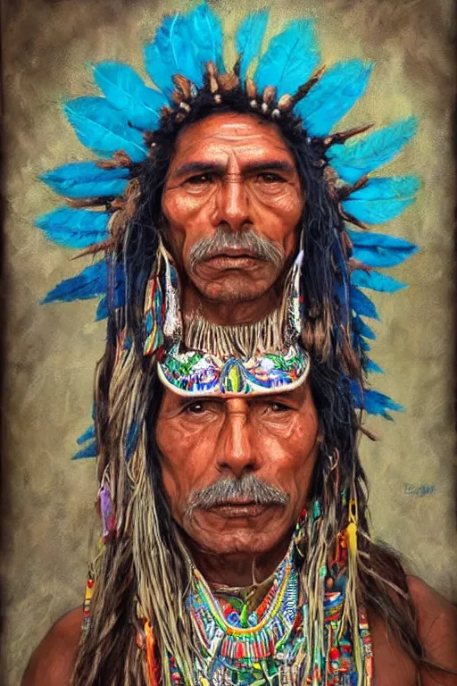 Prompt: Portrait Paintings of a South American Shaman in the style of Luis Tamani, amazing detail, photorealistic, lots of wow,
