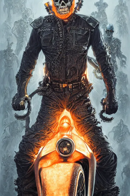 Image similar to James Hetfield as Ghost Rider, marvel comics, dark, intricate, highly detailed, smooth, artstation, digital illustration by Ruan Jia and Mandy Jurgens and Artgerm and Wayne Barlowe and Greg Rutkowski and Zdislav Beksinski