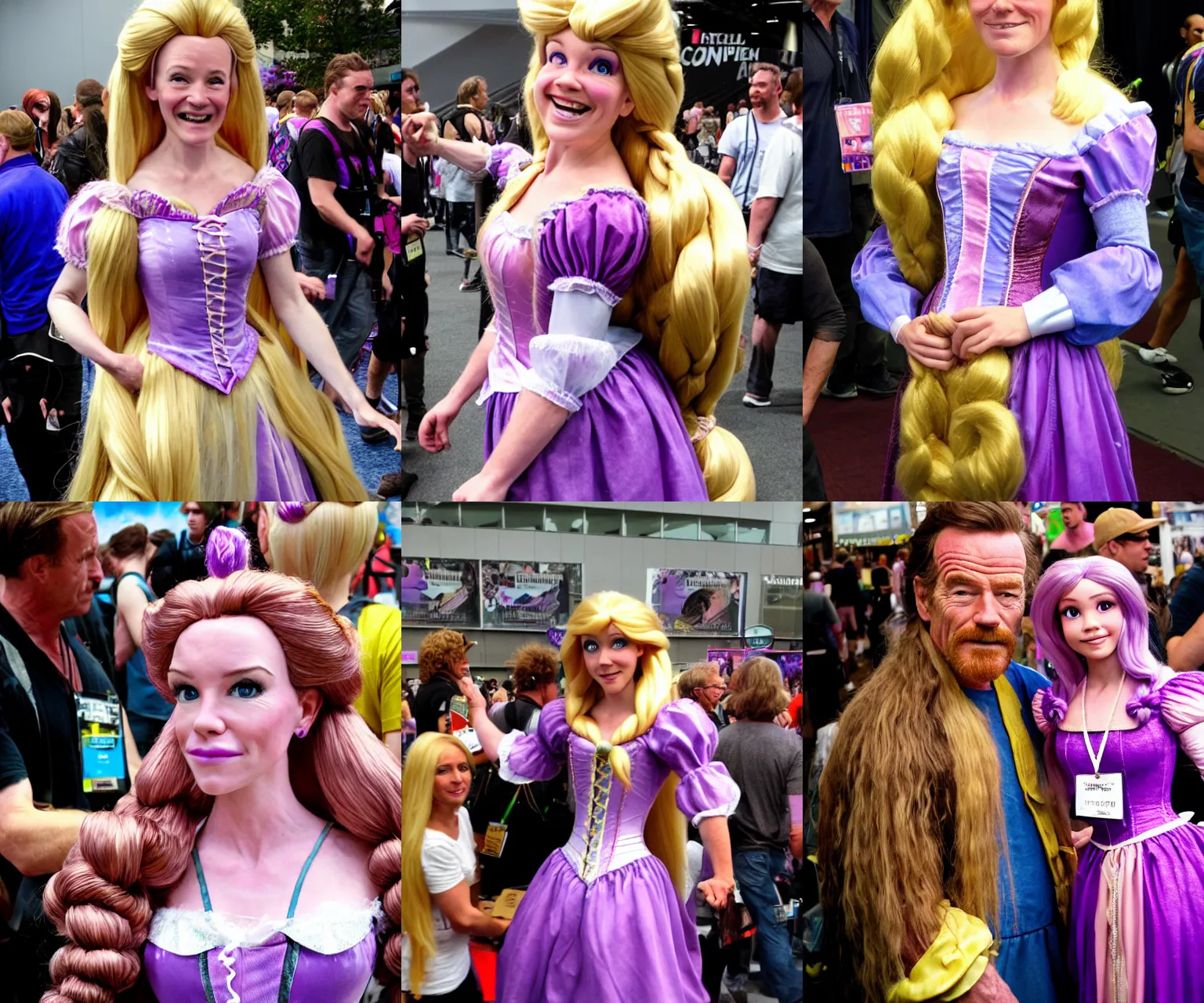 Prompt: candid street photograph of Bryan Cranston as Rapunzel at ComicCon, cosplay