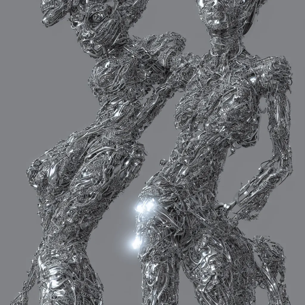 Prompt: full body detailed, ethereal chrome dress, biomechanical, covered in diamonds and other items glowing, highly detailed face, elegant posed, intricate, extremy detailed, beeple, cgsociety, 3 d unreal engine octane render. cinematic lighting, highly detailed