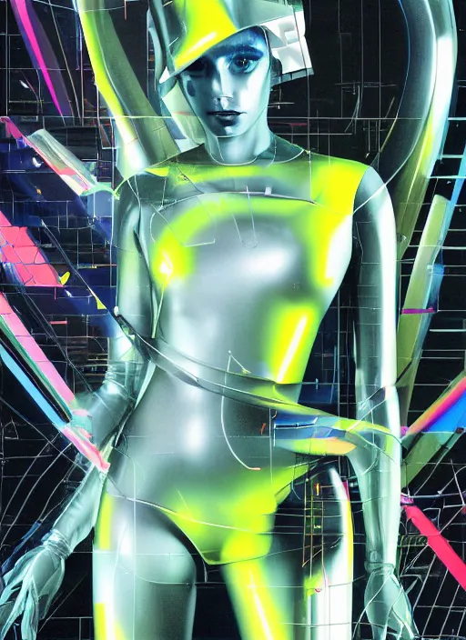 Image similar to futuristic lasers tracing, data visualization, laserpunk fullbodysuit,, pyramid visor, raindrops, wet, oiled, beautiful cyborg girl pinup, by steven meisel, kaws, james jean, rolf armstrong, cubist perfect geometry abstract acrylic, hyperrealism photorealistic airbrush collage painting, monochrome, neon fluorescent colors, minimalist rule of thirds, eighties eros