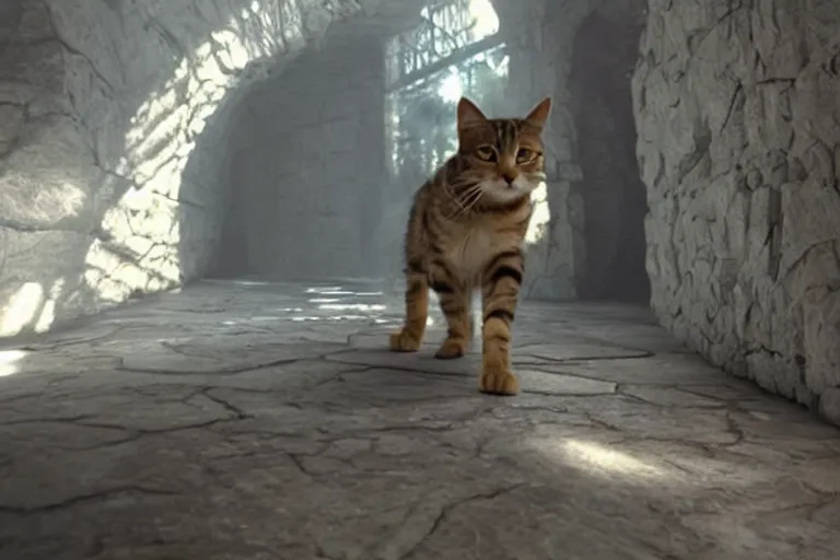 Image similar to futuristic VFX movie of a cat walking through a wizards magic underground lair,natural lighting by Emmanuel Lubezki