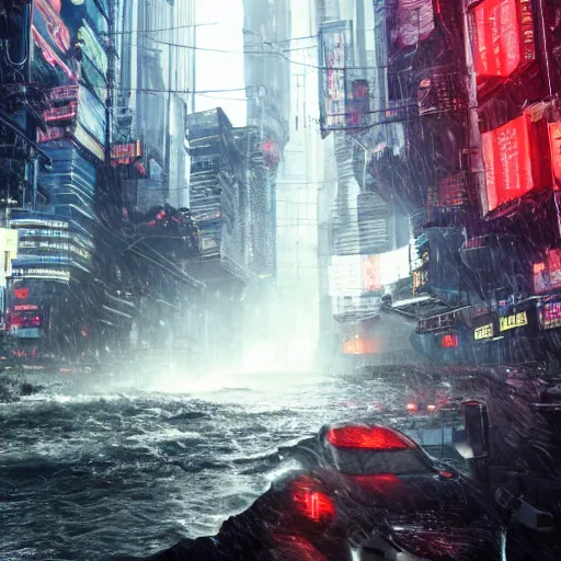 Image similar to a giant terrifying stream destroying a dystopian city, cyberpunk, sharp focus, dynamic lights, still, photograph, hyper realistic, masterpiece, octane render, rendered, 3 d, cinematic, cinematic lighting, dramatic lighting, highly detailed, intricate details, texture, cinematic composition, by donglu yu and kevin jick and eddie del rio