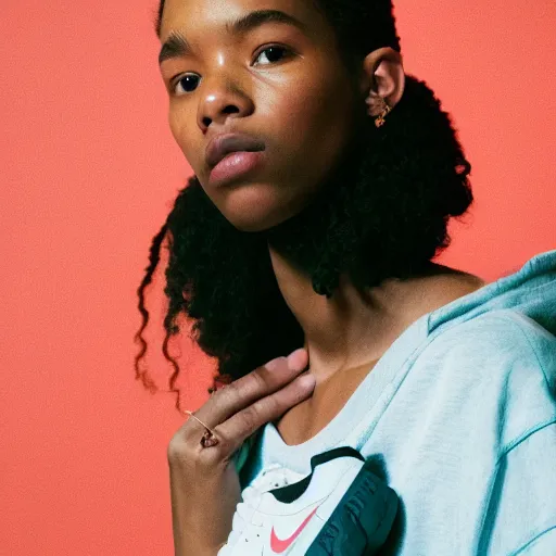 Image similar to realistic! photoshoot for a new nike lookbook, color film photography, portrait of a beautiful woman, location in a apartment, highly detailed, 8K, in style of tyler mitchell, 35mm