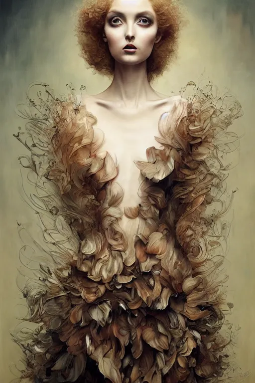Prompt: an intricate realistic oil painting of a fashion model resembling lily cole, wearing avant garde fashion, clothing by alexander mcqueen, clothing by iris van herpen, full body, runway, by tom bagshaw, by karol bak