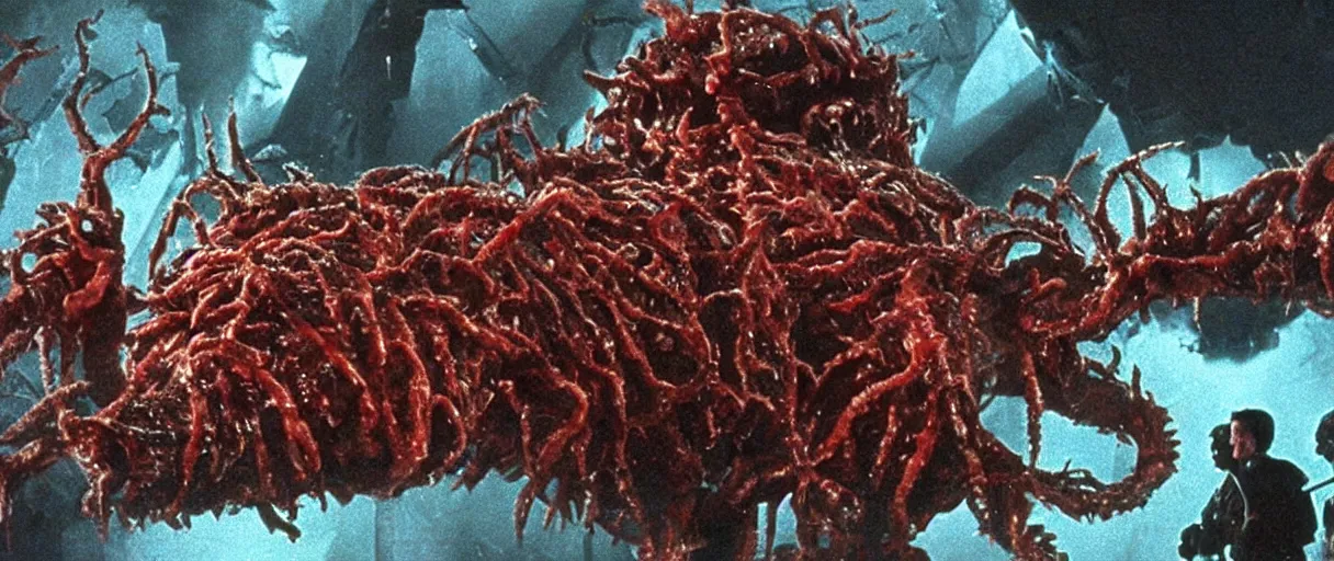 Image similar to filmic extreme wide shot dutch angle movie still 4k UHD interior 35mm film color photograph of a dozen soldiers mangled and stabbed by a dangerous horrifying shape-shifting abstract looking organism from The Thing 1982, in the style of a 1980s horror film