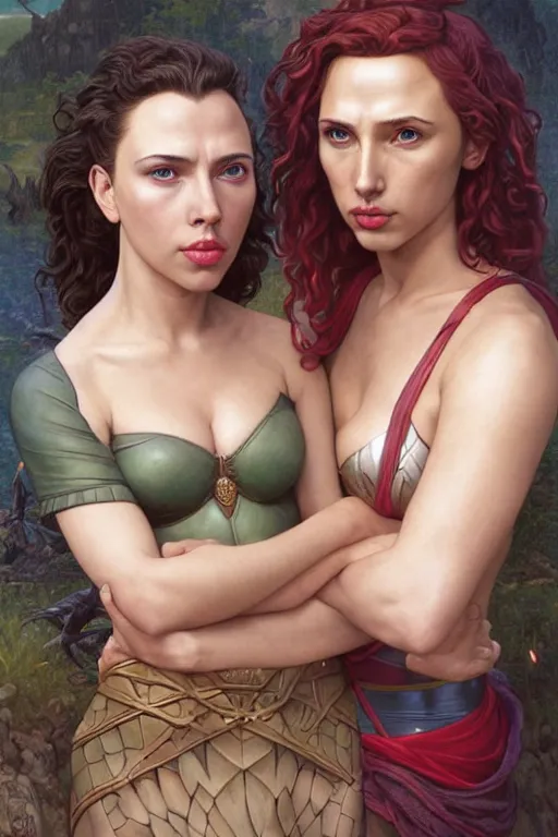 Image similar to A fantasy comic book style Oil Painting portrait of hybrid Scarlett Johansson and Gal Gadot, as Atlantean Reptilian Warriors, Mystical Valkyrie, unreal 5, DAZ, hyperrealistic, octane render, Regal, Refined, Detailed Digital Art, RPG portrait, William-Adolphe Bouguereau, Michael Cheval, Walt Disney (1937), François Boucher, Steampunk, Josephine wall, dynamic lighting, Highly Detailed, Cinematic Lighting, Unreal Engine, 8k, HD