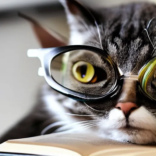 Prompt: cat in glasses reading a book