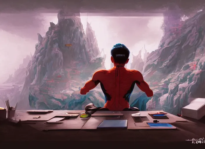 Image similar to an insanely detailed painting of an asian man wearing a homemade superhero costume, sitting at a desk, staring seriously at the computer and typing, in the style of peter mohrbacher, james jean, artgerm, dramatic lighting and composition, surreal background, octane render, pixar, trending on artstation, concept art, comic book, view from behind, 8 k