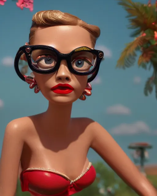 Prompt: highly detailed closeup, face profile portrait of a tin toy retro 1 9 5 0 s cara delevingne, bikini, depth of field, zeiss lens, fashion photoshoot by max fleischer, breathtaking, detailed and intricate environment, 8 k resolution, extremely detailed, beautiful, establishing shot, artistic, hyperrealistic, octane render
