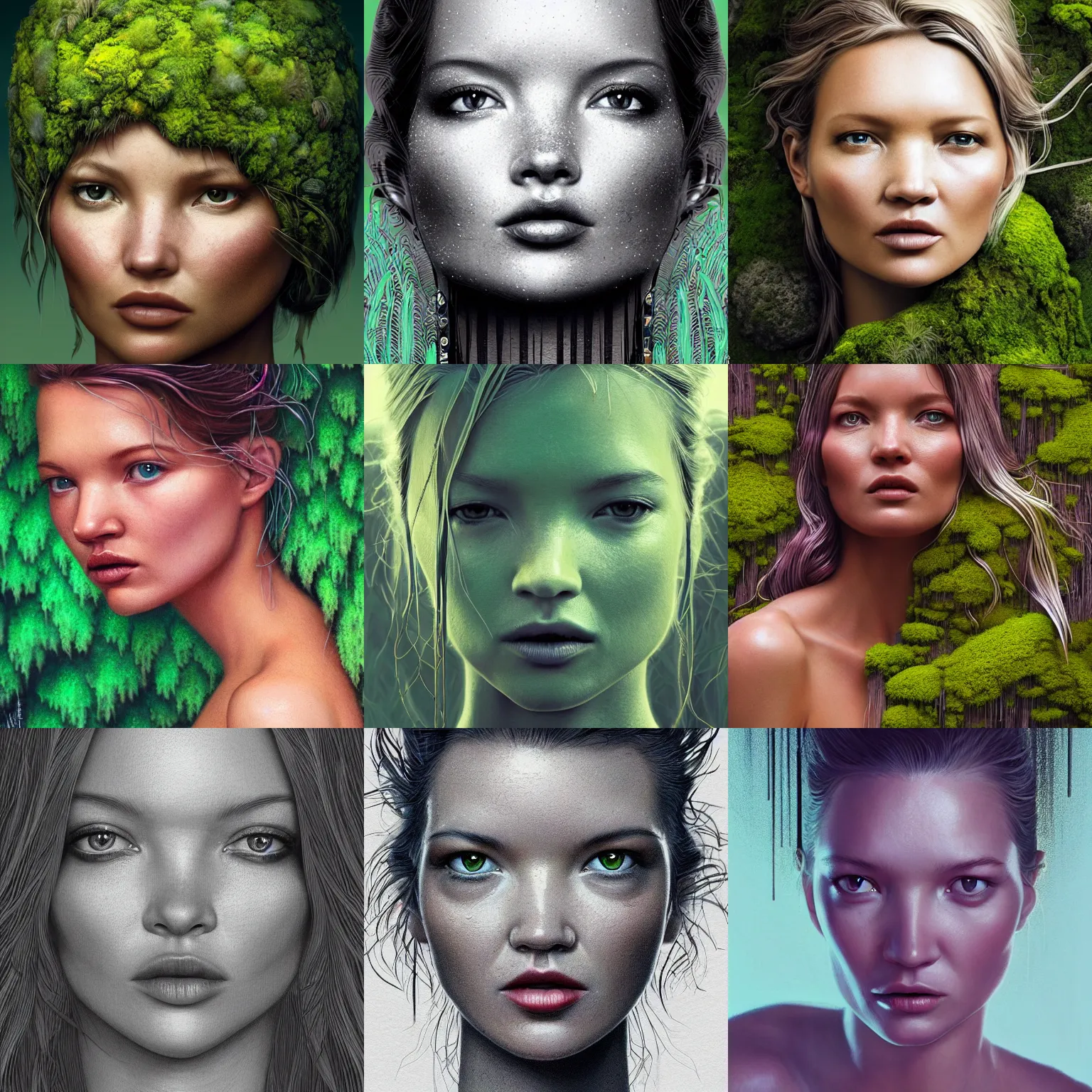 Image similar to portrait isometric drawing, printerest, close-up moss growing tropical kate moss like a mossy garden, face of kate moss, intricate, epic lighting, cinematic composition, hyper realistic, 8k resolution, unreal engine 5, by Artgerm, tooth wu, dan mumford, beeple, wlop, rossdraws, James Jean, Andrei Riabovitchev, Marc Simonetti, yoshitaka Amano, Artstation