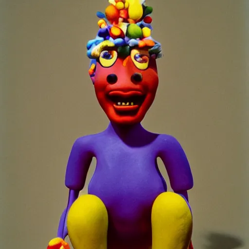 Prompt: a claymation film still of anthropomorphe toy from brazil / collection / ethnographic museum / claymation by jeff koons and andy warhol