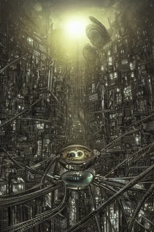 Image similar to biomechanical robot eye overlooking a desolate metropolis, fantasy, volumetric lighting, professional illustration by junji ito