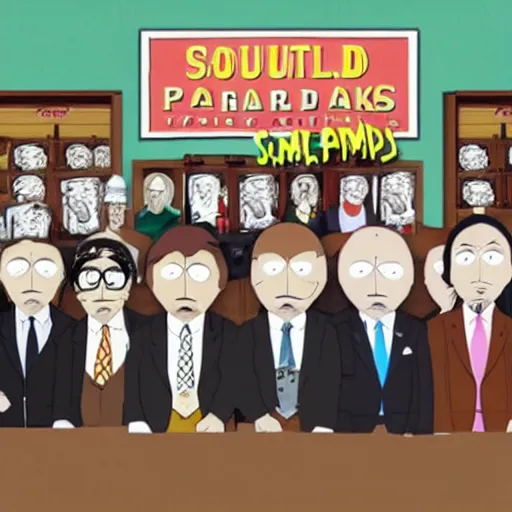 Image similar to saul goodman visits south park cartoon frame.