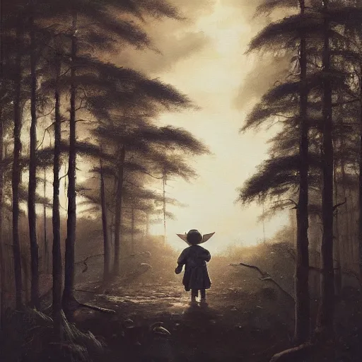 Image similar to high - angle view, shot from 5 0 feet distance, baby yoda strolls on a well lit path in a dimly lit forest. dramatic clouds, setting sun. oil on canvas painting,, light, shadow, contrast, detailed, depth, volume, chiaroscuro, drama, quiet intensity, serene, willem kalf,