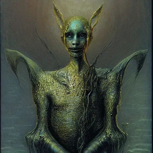 Image similar to portrait of ethereal goblin princess in golden armour by Beksinski