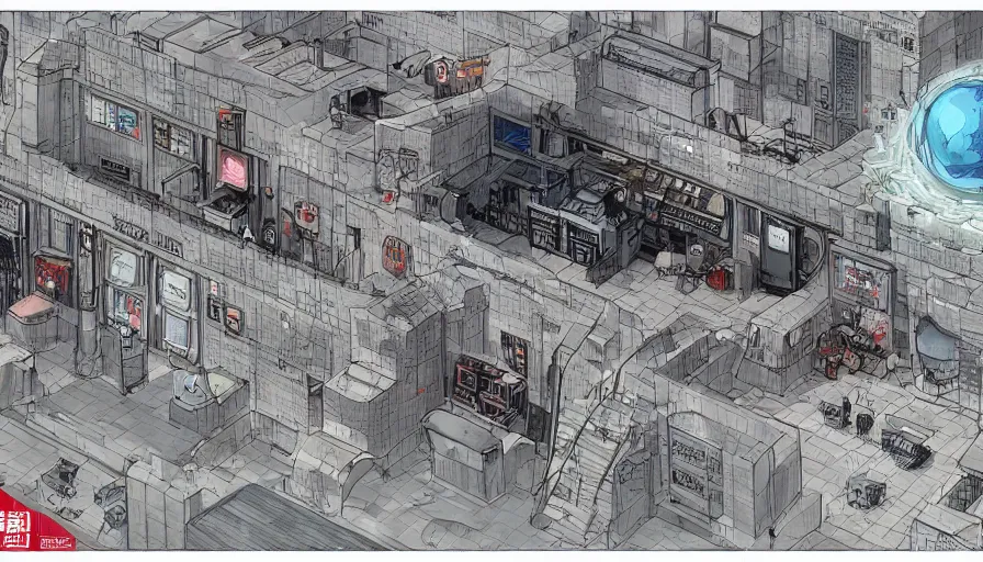 Prompt: Concept Art Illustration of neo-Tokyo Maximum Security Bank, in the Style of Akira, Syndicate Corporation, Anime, Dystopian, Highly Detailed, Helipad, Special Forces Security, Giant Crypto Vault, Docks, Shipping Containers of Money :2 Akira Movie style : 8