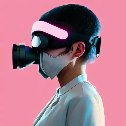 Image similar to intense futuristic bespoke vr headset respirator on a set of twin ninja hypebeasts, by ilya kuvshinov and james jean and sorayama and ikeuchi and hiroya oku and gilleard james, artstation trending, 8 k, 3 d render, photorealistic, volumetric lighting caustics, pink