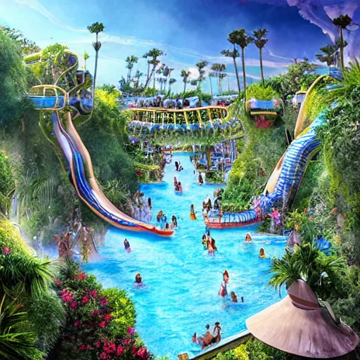 Prompt: hanging gardens of babylon waterpark with water slides, digital art, epic composition, highly detailed, cinematic lighting