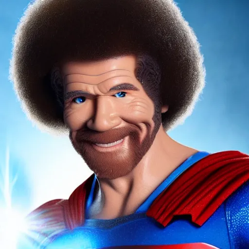 Image similar to bob ross as superman, cinematic. studio lighting. 4 k.