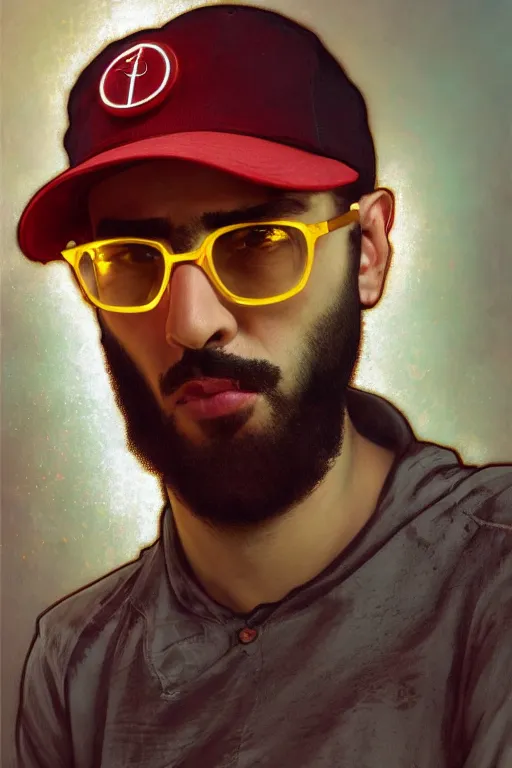 Prompt: hyperrealist portrait of a young ducktail bearded middle eastern american man wearing black wayfarer glasses and red baseball cap, it is decorated with wires and monitors. by jeremy mann and alphonse mucha, fantasy art, photo realistic, dynamic lighting, artstation, poster, volumetric lighting, very detailed faces, 4 k, award winning