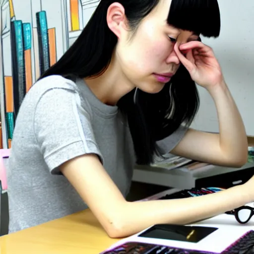 Image similar to full view of taiwanese girl studying at her computer, in taipei, style of yoshii chie and hikari shimoda and martine johanna, highly detailed