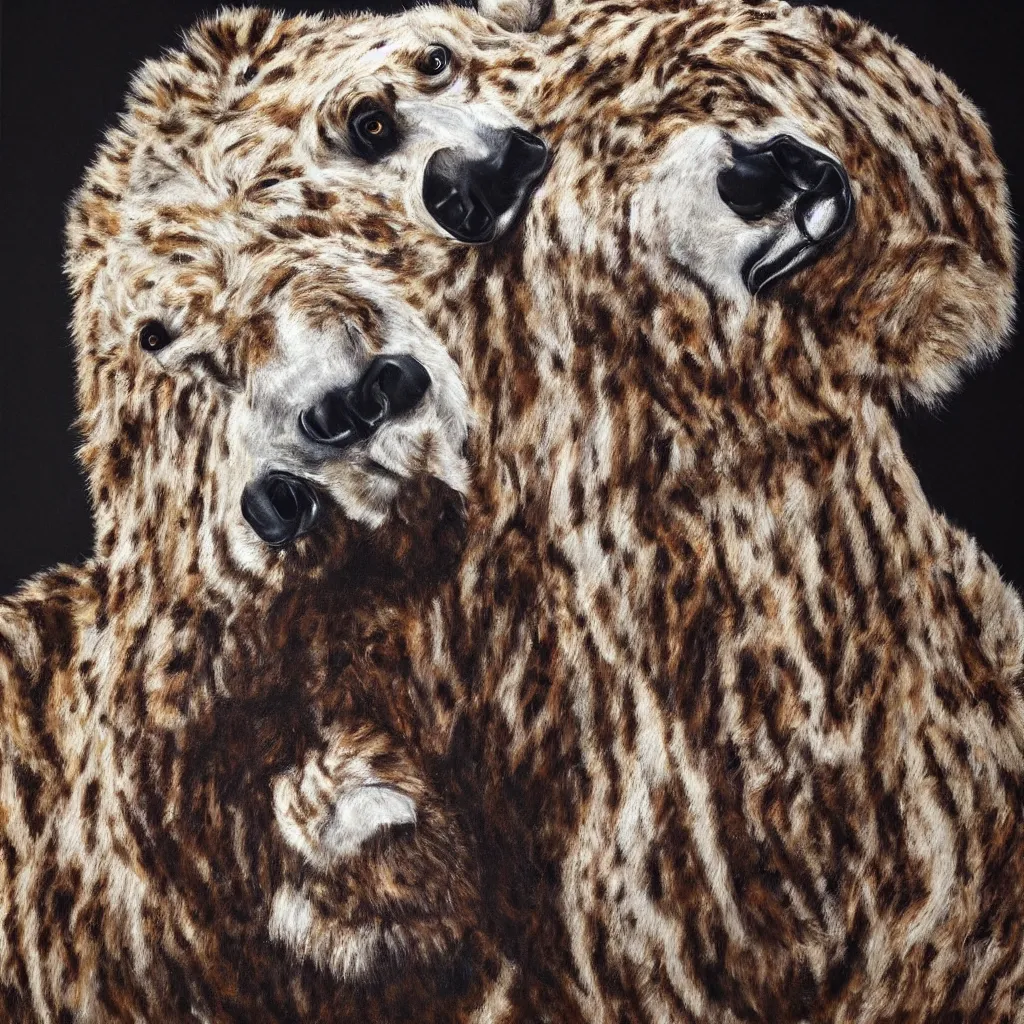 Prompt: rare hyper realistic painting by italian masters, studio lighting, a giant zebra polar bear taking a selfie covered in chocolate slime, real fur, real feather, real hair, real skin