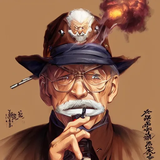Prompt: An anime portrait of a buff old soldier smoking a cigar, by Stanley Artgerm Lau, WLOP, Rossdraws, James Jean, Andrei Riabovitchev, Marc Simonetti, and Sakimichan, tranding on artstation