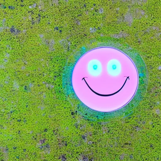 Image similar to a pastel colour Polaroid photo of large smiley face cut out of transparent neon iridescent perspex stood in a field, nostalgic