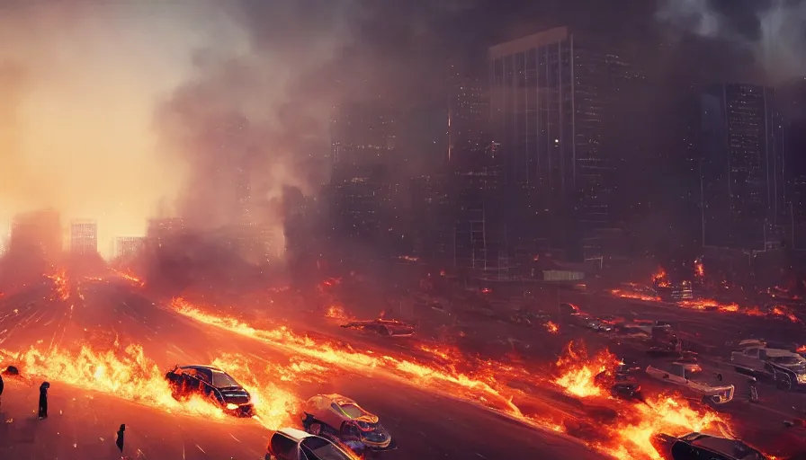 Prompt: Los Angeles on chaos with riots in the streets, burning cars with ashes, smoke columns, burning buildings, police cars, helicopters, dust, hyperdetailed, artstation, cgsociety, 8k