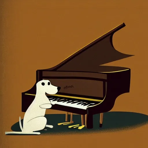 Image similar to a brown spaniel with a white chest , sat down playing a grand piano.modern. Cartoon. Artwork. no text