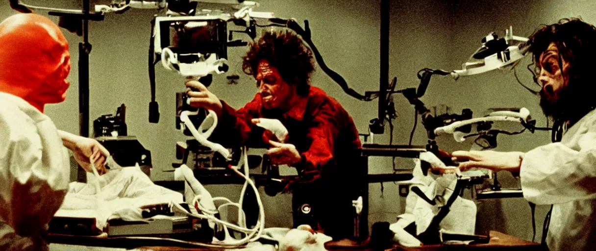 Prompt: filmic extreme wide shot dutch angle movie still 35mm film color photograph of a doctor operating on a soccer ball, blood splattering, in the style of The Thing 1982 horror film