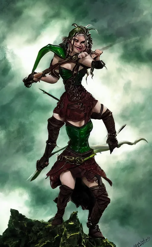 Prompt: epic fantasy d & d female halfling rogue riding on top of a green dragon, green dragon, waterdeep, black hair, red leather corset, cinematic, beautiful lighting, heroic