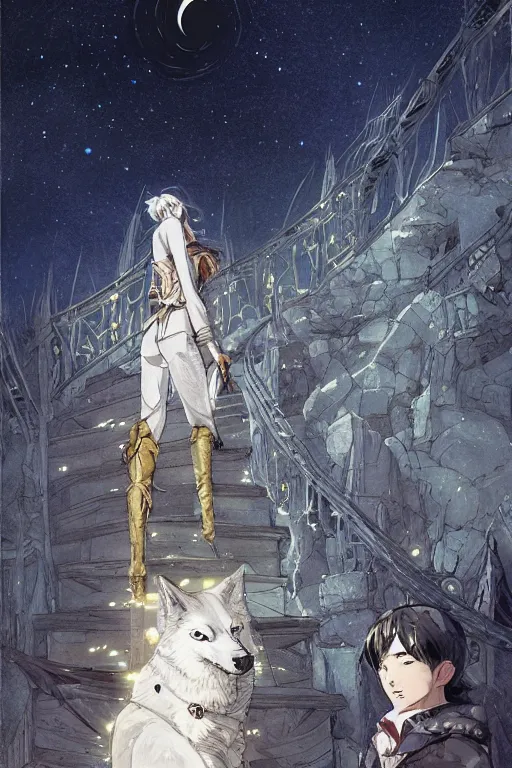 Prompt: a full moon and a white wolf glimmering stairways to otherworldly galaxies, high intricate details, rule of thirds, golden ratio, cinematic light, anime style, graphic novel by fiona staples and dustin nguyen, by beaststars and orange, peter elson, alan bean, studio ghibli, makoto shinkai