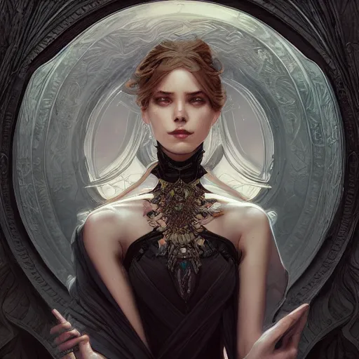 Image similar to photograpic portrait of a pretty dark sorceress, fantasy, ominous, intricate, elegant, highly detailed, digital painting, artstation, concept art, smooth, sharp focus, illustration, art by artgerm and greg rutkowski and alphonse mucha