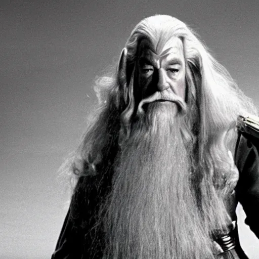 Image similar to A still of Gandalf as Captain Kirk on Star Trek