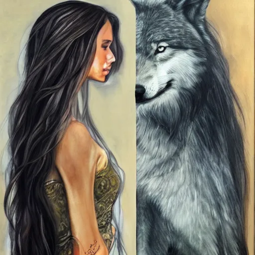 Image similar to a side view of a beautiful woman, long flowing hair, facing a wolf, side view, with nature elements throughout, canvas painting, highly detailed, art by dimitra milan.