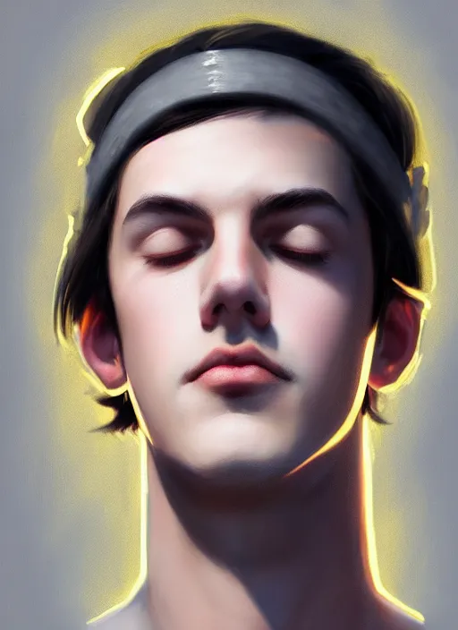 Image similar to portrait of teenage jughead jones wearing a light grey crown, photorealistic, crown, eyes closed, crown, black hair, intricate, elegant, glowing lights, highly detailed, digital painting, artstation, concept art, smooth, sharp focus, illustration, art by wlop, mars ravelo and greg rutkowski