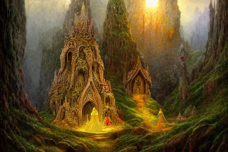 Image similar to a beautiful and highly detailed digital painting of a beautiful elven monument in the mystical mountains, psychedelic patterns, intricate details, epic scale, 8 k, sharp focus, photorealism, artstation, cgsociety, by caspar friedrich, albert bierstadt, james gurney, brian froud,