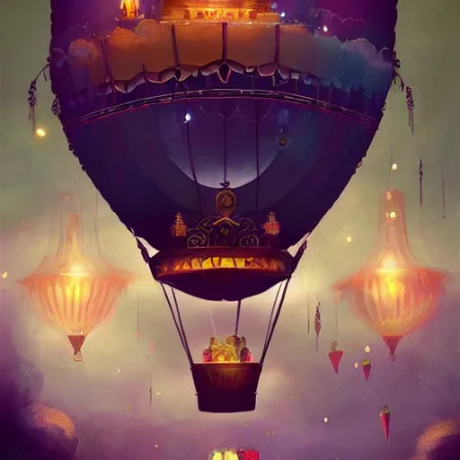 Image similar to a beautiful stunning fantasy whimsical matte digital illustration of a hot - air balloon powered by magic over a lit city at night by marc simonetti, pastel color palette, disney magic the gathering steampunk, chiaroscuro magical bokeh moon stars dramatic romantic, trending on artstation hq, masterpiece