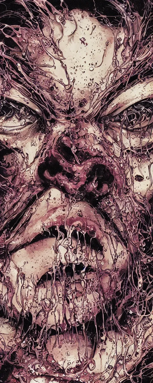 Image similar to closeup of face melting in agony, inside dark oil, frontal picture, by yoichi hatakenaka, masamune shirow, josan gonzales and dan mumford, ayami kojima