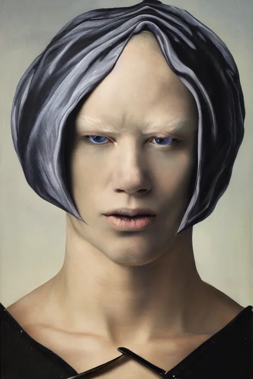 Image similar to hyperrealism oil painting, close - up portrait of albino medieval fashion model, black silk, steel gradient mixed with nebula sky, in style of baroque