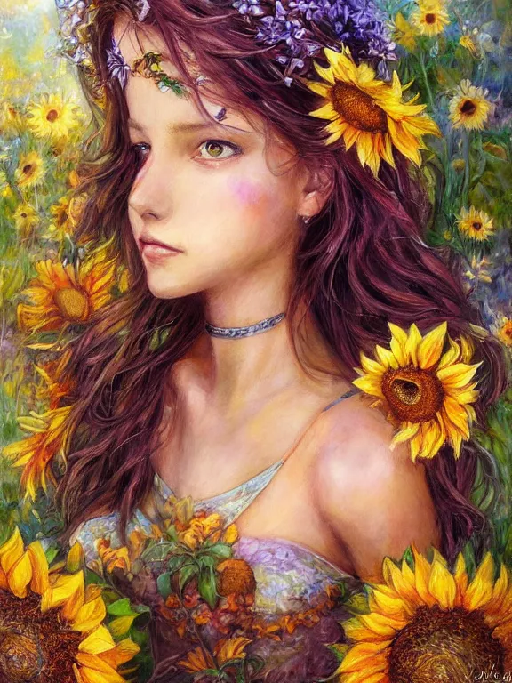 Prompt: a painting portrait of a girl at sunflowers garden, tifa lockhart, centered, a character portrait by josephine wall, albert lynch, atey ghailan, deviantart contest winner, fantasy art, wiccan, deviantart, detailed painting