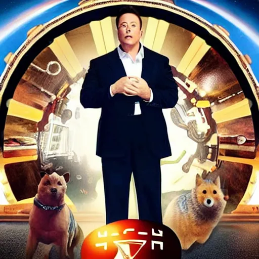 Image similar to movie poster of elon musk with doge coin