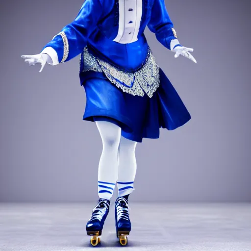 Image similar to blonde nun in blue clothes on roller skates, photorealistic, baroque style