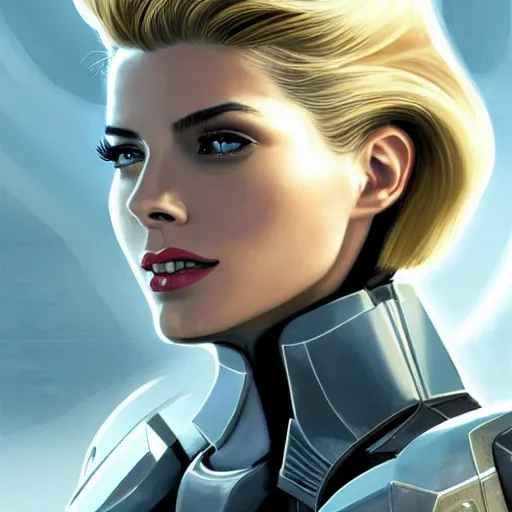 Image similar to A combination of Grace Kelly's and Ada Wong's and Ashley Greene's appearances with blonde hair wearing Forerunner armor from Halo, high tech, action shot, angular, full body portrait, futuristic, dramatic, fantasy, intricate, elegant, highly detailed, artstation, matte, sharp focus, 8K, art by Artgerm and Greg Rutkowski and Alphonse Mucha