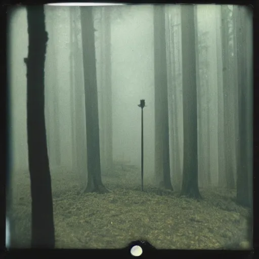 Prompt: a massive statue in a forest clearing obscured by fog, night, old polaroid, expired film, megalophobia,