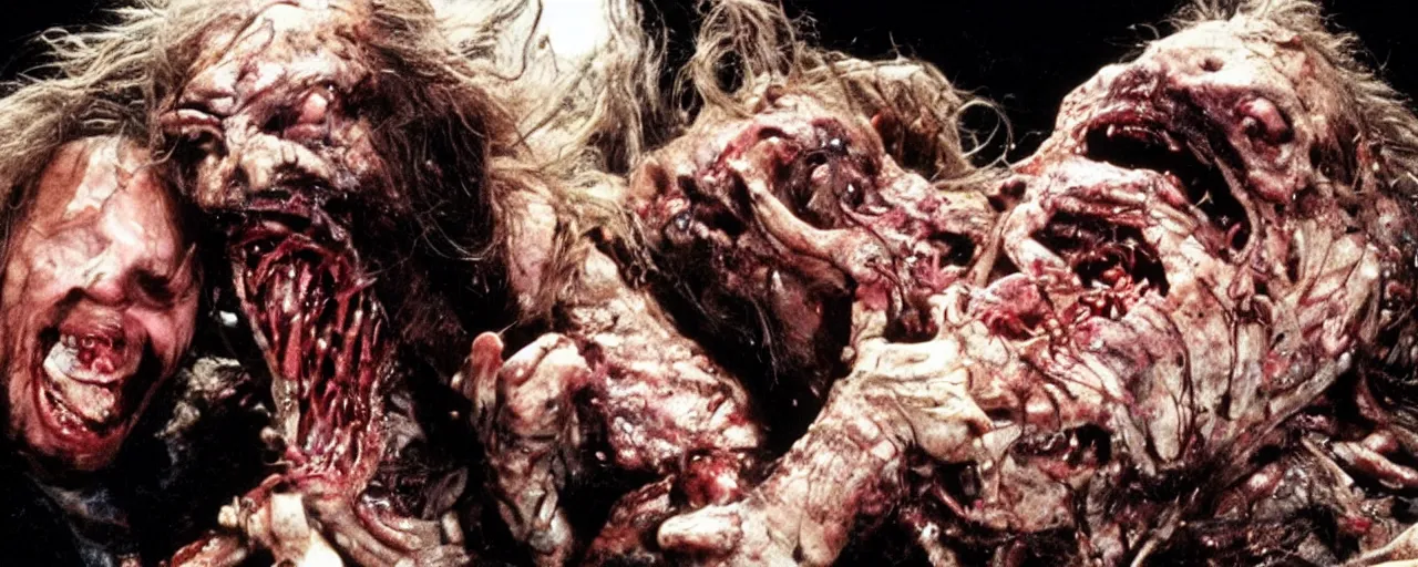 Image similar to a disgusting vile monster eating a man from The Thing, by Cronenberg and greg nicotero